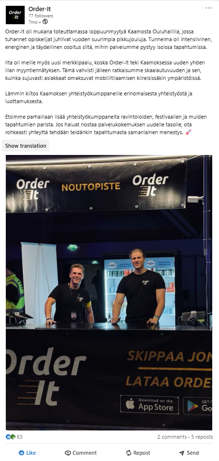 Order-Itin LinkedIn-julkaisu Kaamoksesta Oulu-hallilla